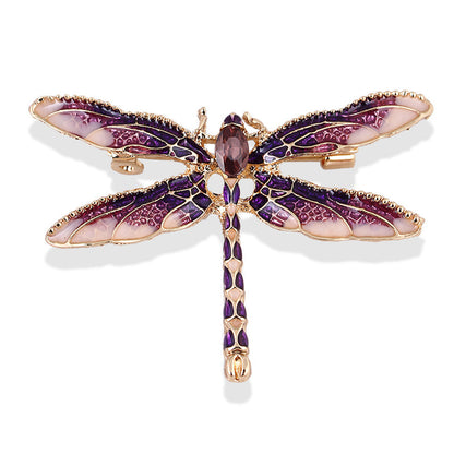 Purple Enamel and Crystal 18K Gold-Plated Dragonfly Brooch, gold brooch pin, vintage-inspired design, front view