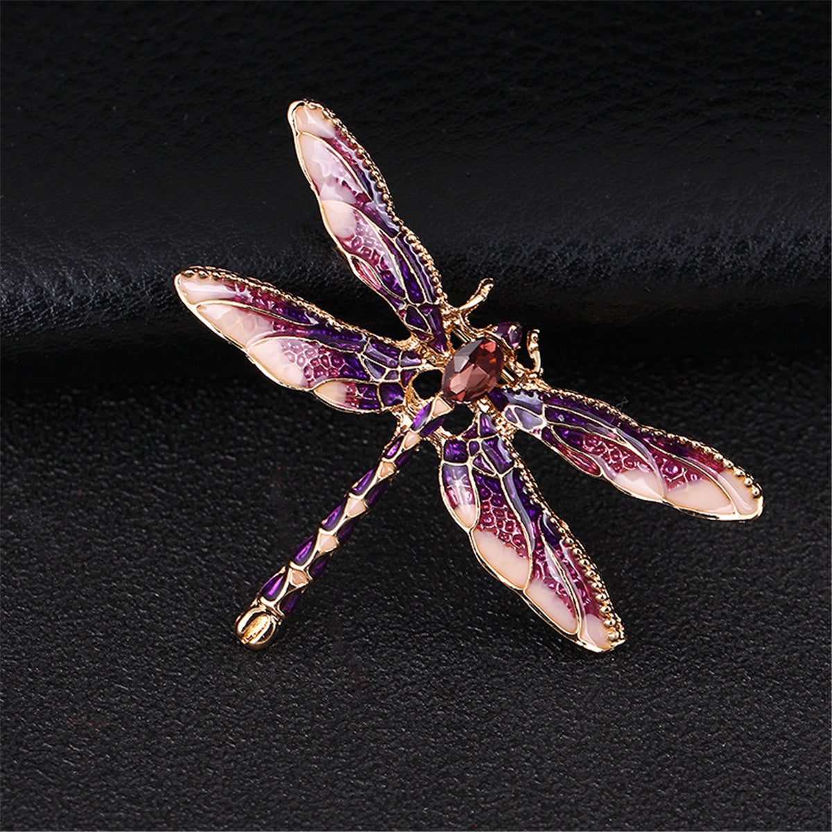 Purple Enamel and Crystal 18K Gold-Plated Dragonfly Brooch, gold brooch pin, vintage-inspired design, side view