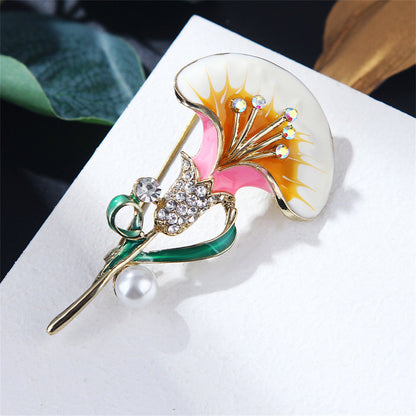 Pearl and Cubic Zirconia Enamel 18K Gold-Plated Petunia Brooch, gold brooch pin, dainty minimalist design, side view