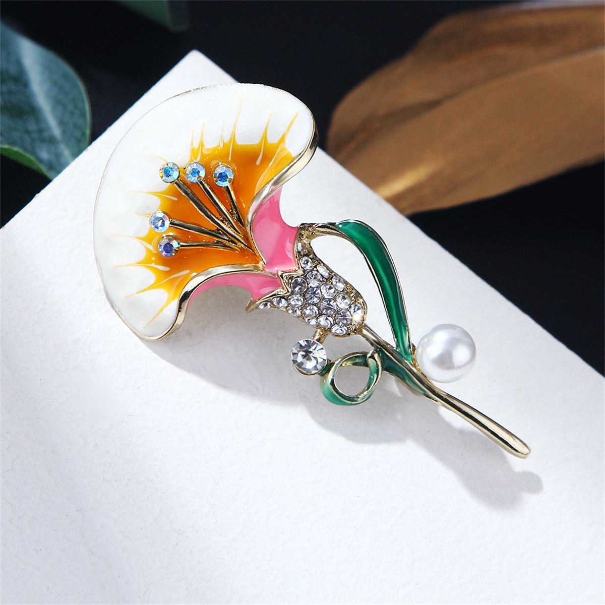 Pearl and Cubic Zirconia Enamel 18K Gold-Plated Petunia Brooch, gold brooch pin, dainty minimalist design, front view