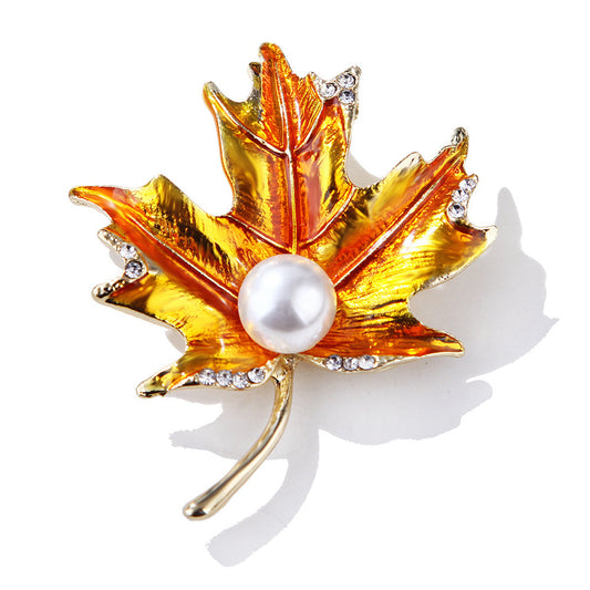 Golden Enamel and Cubic Zirconia Pearl 18K Gold-Plated Maple Leaf Brooch, gold brooch pin, front view