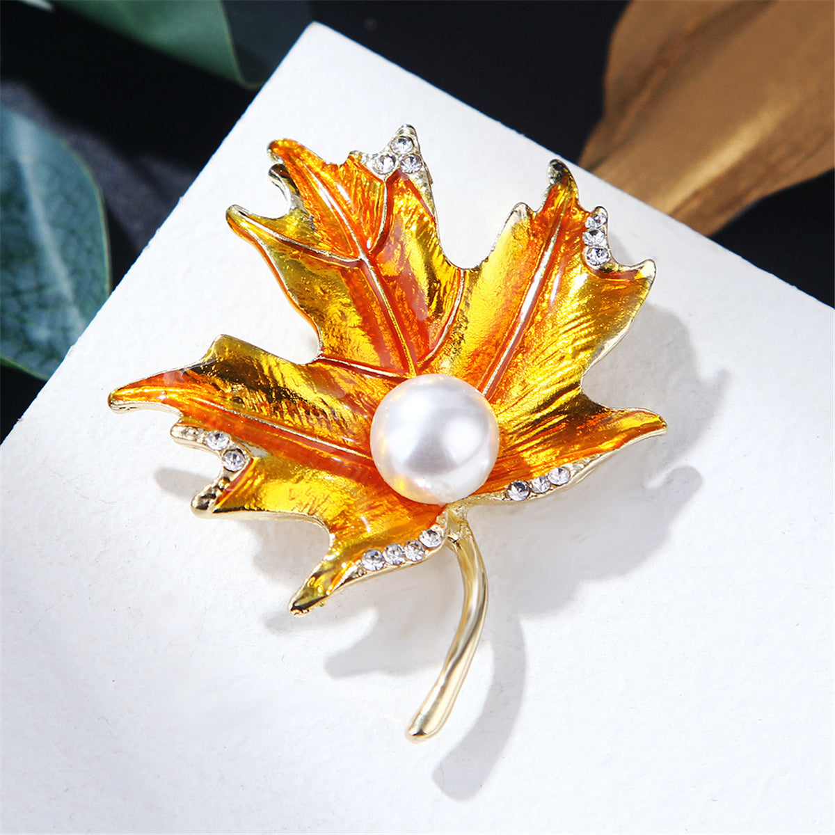 Golden Enamel and Cubic Zirconia Pearl 18K Gold-Plated Maple Leaf Brooch, gold brooch pin, everyday style, side view