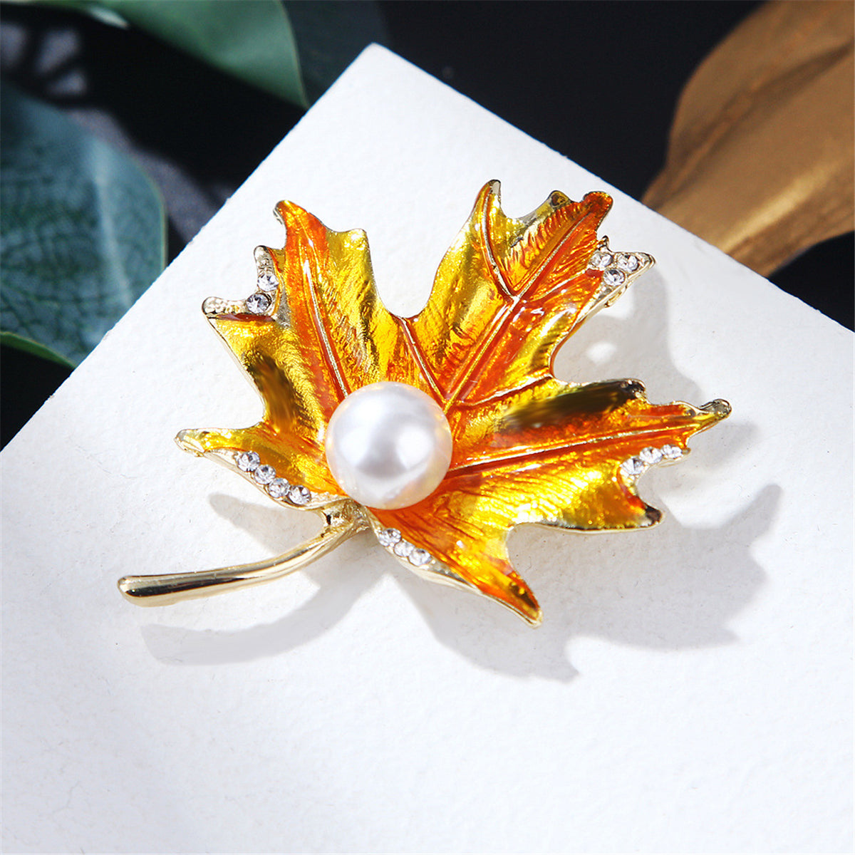 Golden Enamel and Cubic Zirconia Pearl 18K Gold-Plated Maple Leaf Brooch, gold brooch pin, everyday style, detail close-up
