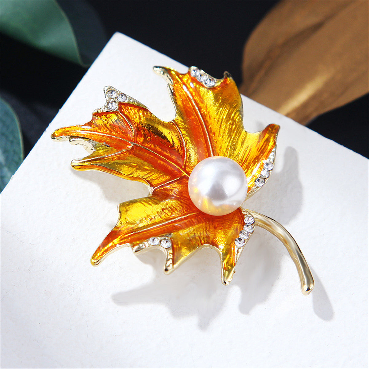 Golden Enamel and Cubic Zirconia Pearl 18K Gold-Plated Maple Leaf Brooch, gold brooch pin, everyday style, lifestyle look