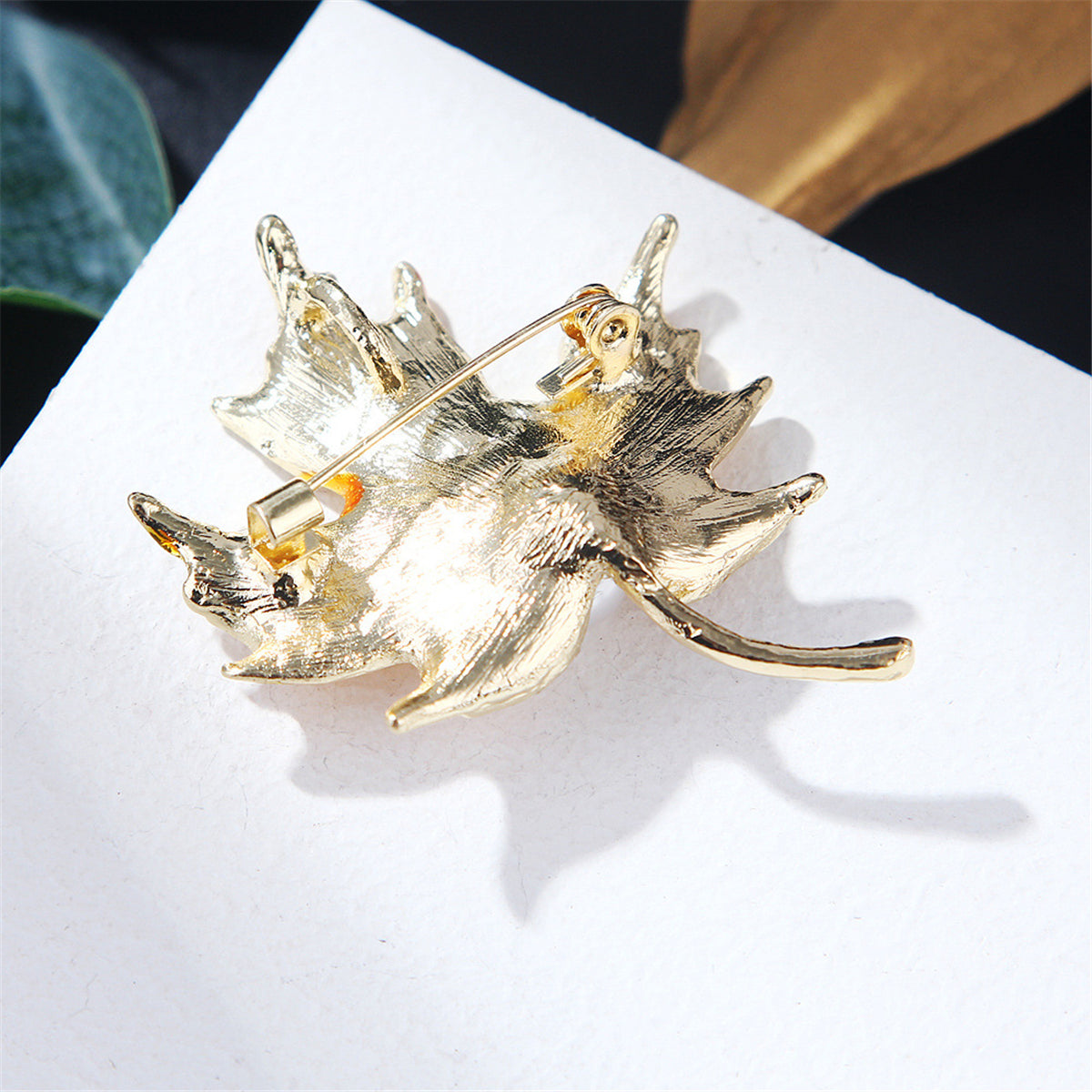 Golden Enamel and Cubic Zirconia Pearl 18K Gold-Plated Maple Leaf Brooch, gold brooch pin, everyday style, styled look