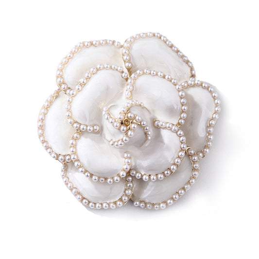 White and Pearl Camellia Brooch, brooch pin, dainty minimalist design, front view