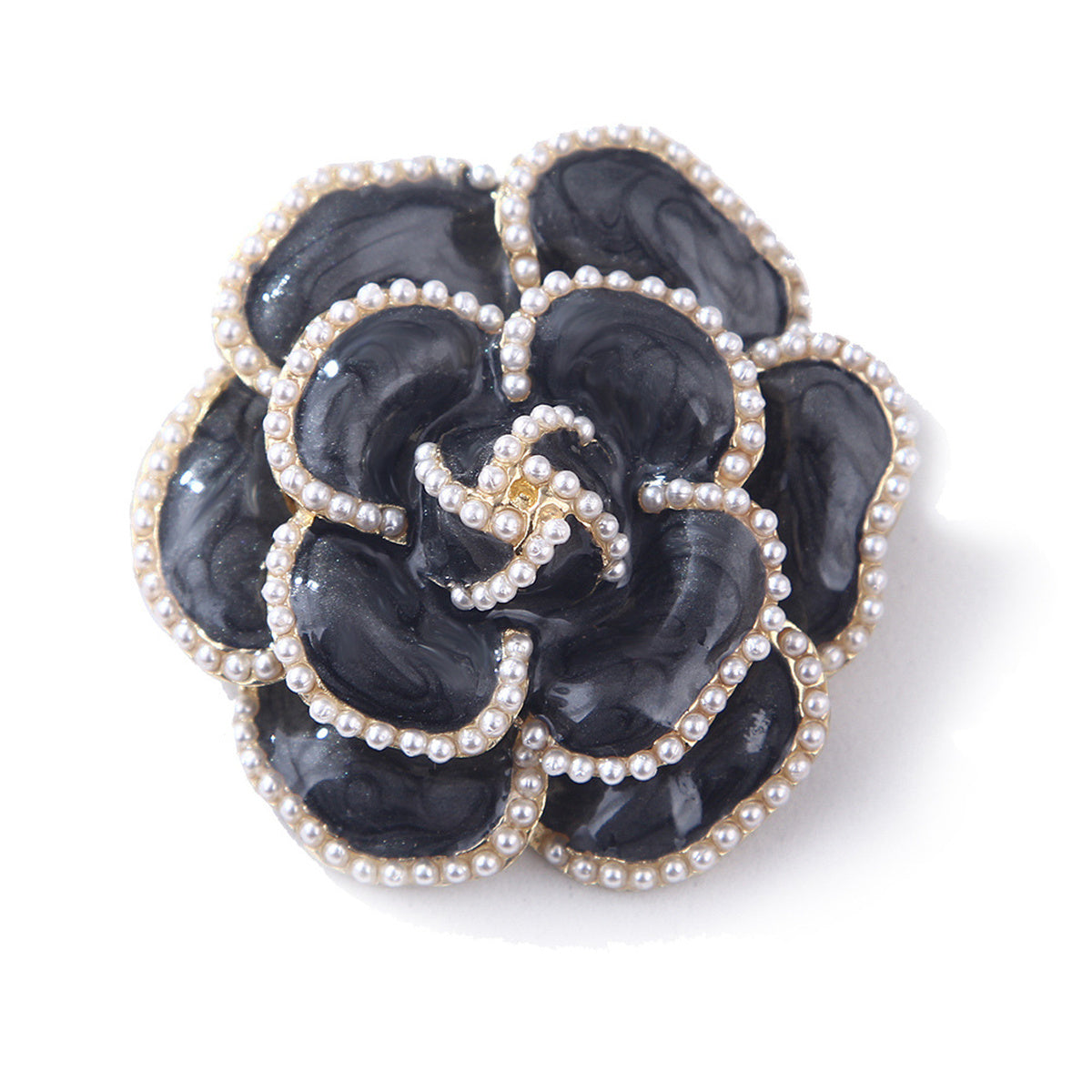Black and Pearl Camellia Brooch, brooch pin, elegant gift for her, front view