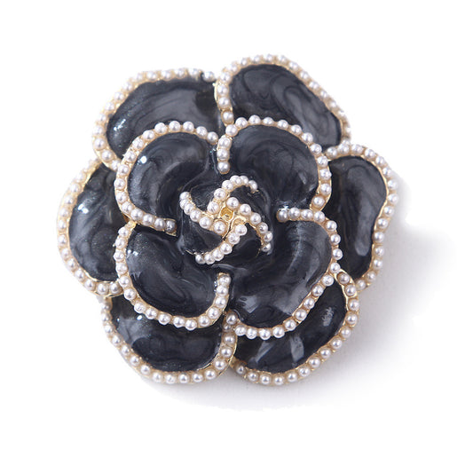 Black and Pearl Camellia Brooch, brooch pin, elegant gift for her, front view