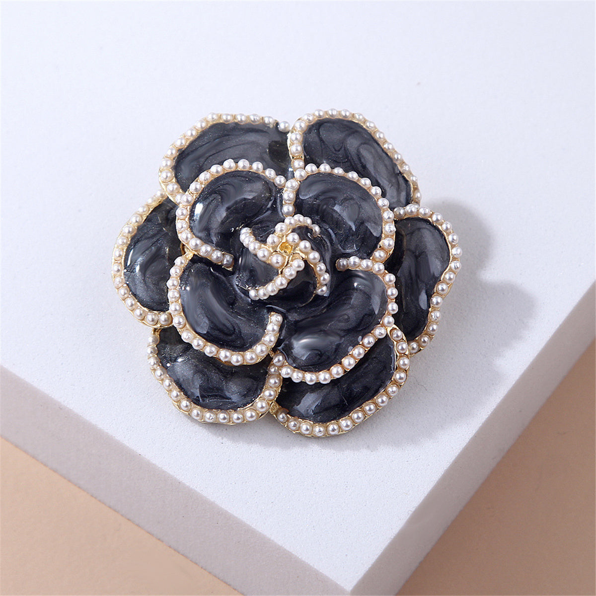 Black and Pearl Camellia Brooch, brooch pin, elegant gift for her, side view