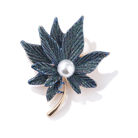 Pearl and Dark Blue Enamel 18K Gold-Plated Maple Leaves Brooch, gold brooch pin, vintage-inspired design, front view