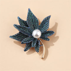 Pearl & Dark Blue Enamel 18K Gold-Plated Maple Leaves Brooch