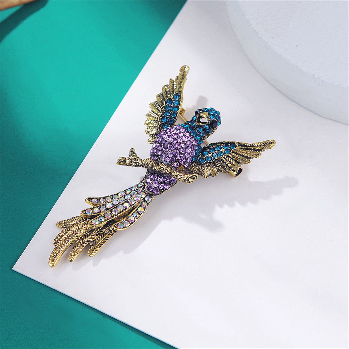 Purple Cubic Zirconia and 18K Gold-Plated Eagle Brooch, gold brooch pin, vintage-inspired design, side view