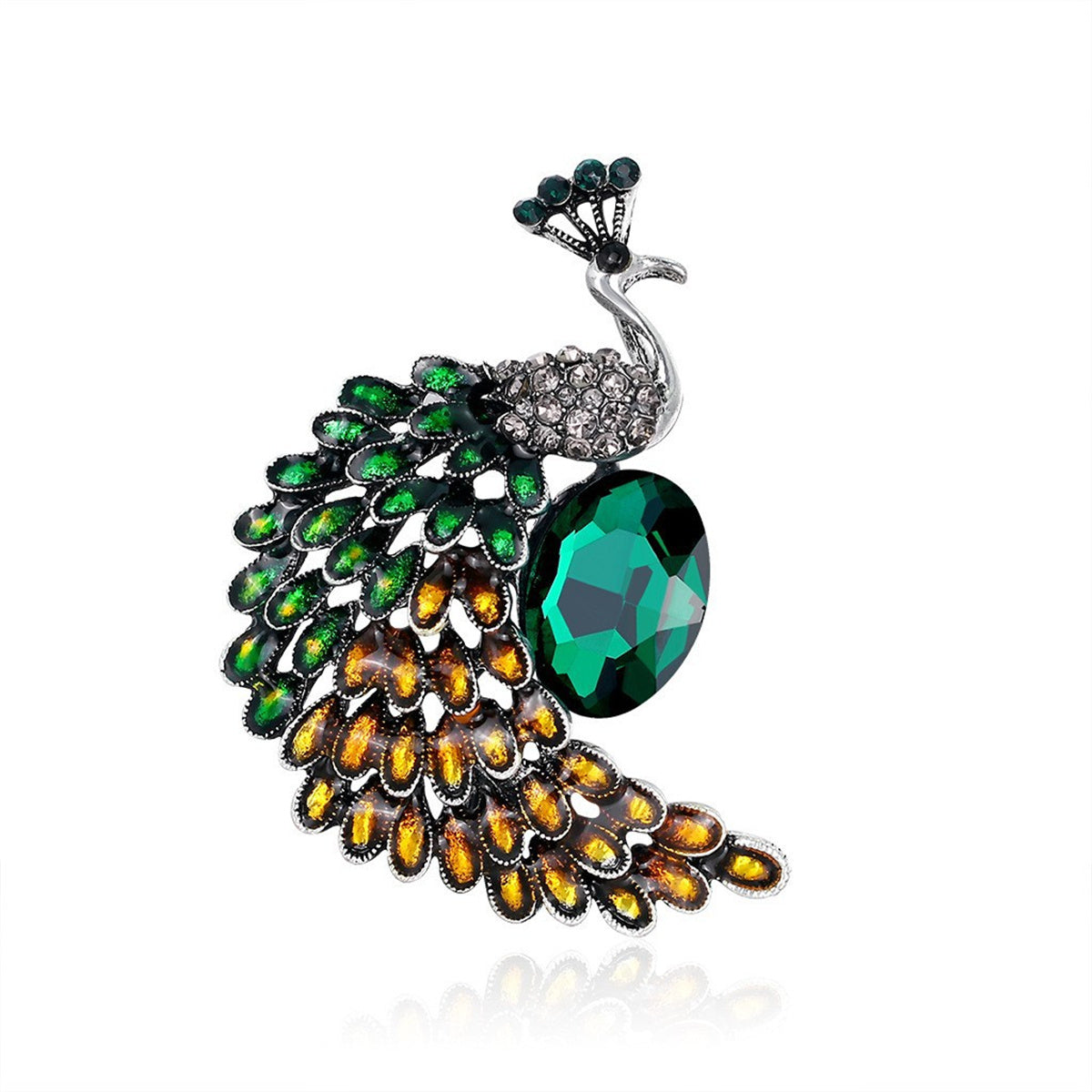 Green and Orange Crystal Peacock Brooch, brooch pin, botanical inspired, side view