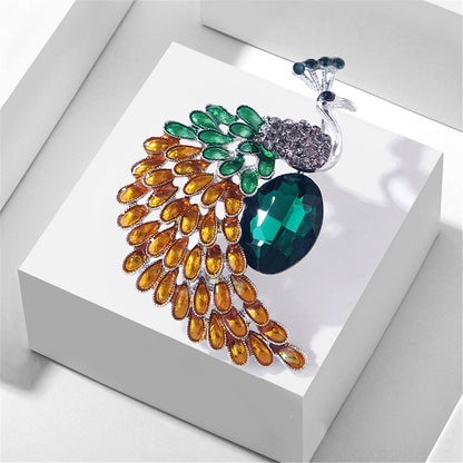 Green and Orange Crystal Peacock Brooch, brooch pin, botanical inspired, front view