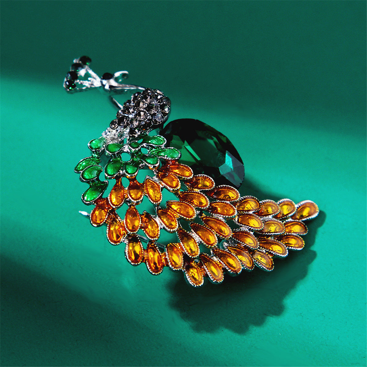 Green and Orange Crystal Peacock Brooch, brooch pin, botanical inspired, detail close-up