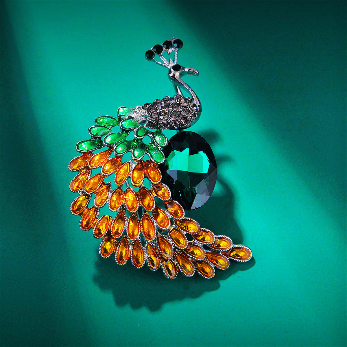 Green and Orange Crystal Peacock Brooch, brooch pin, botanical inspired, lifestyle look