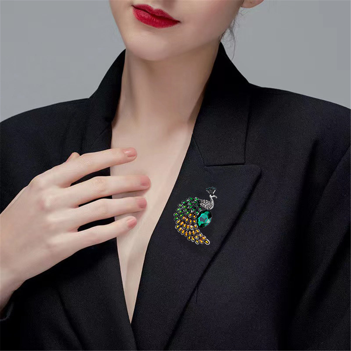 Green & Orange Crystal Peacock Brooch