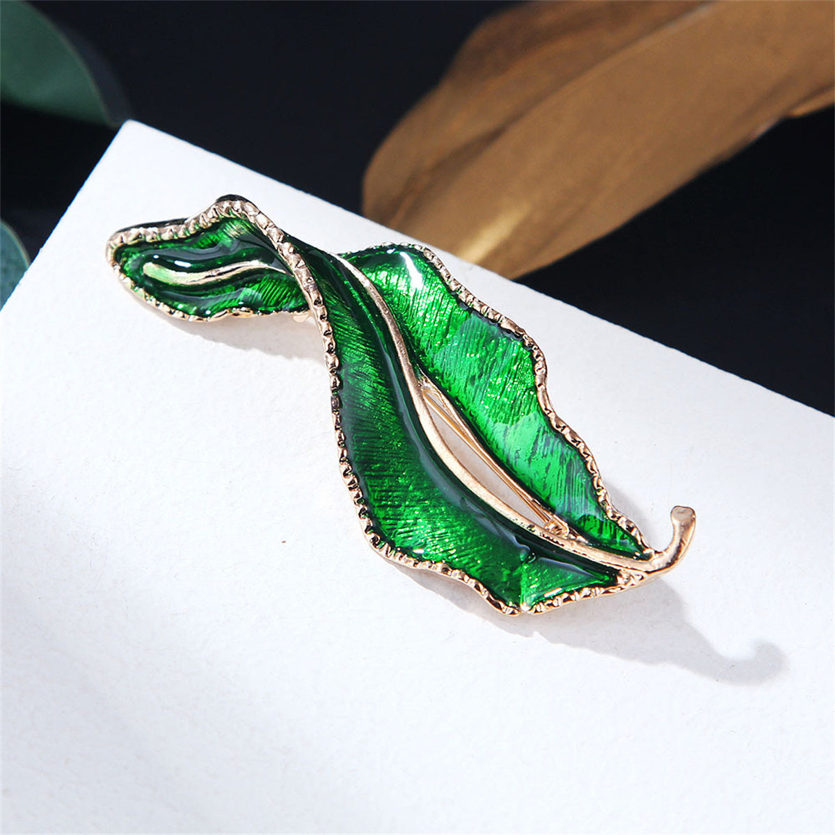 Green Enamel and 18K Gold-Plated Leaf Brooch, gold brooch pin, elegant gift for her, lifestyle look