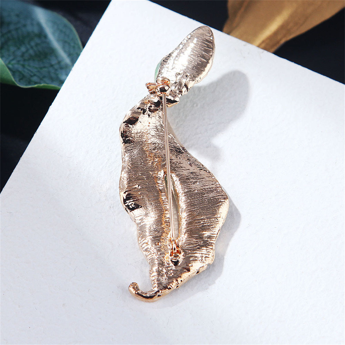 Green Enamel and 18K Gold-Plated Leaf Brooch, gold brooch pin, elegant gift for her, side view