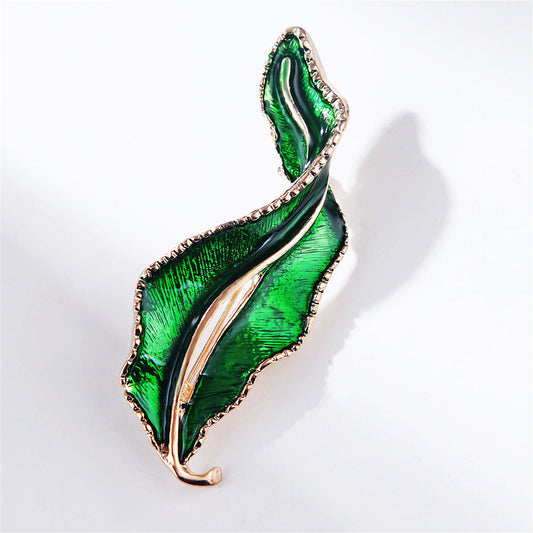 Green Enamel and 18K Gold-Plated Leaf Brooch, gold brooch pin, elegant gift for her, front view
