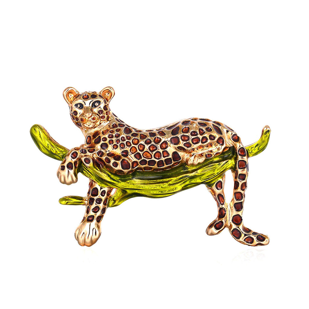 Green Enamel and 18K Gold-Plated Leopard Brooch, gold brooch pin, elegant gift for her, front view