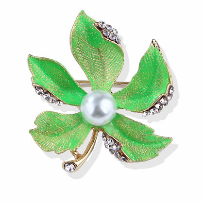 Pearl and Cubic Zirconia Enamel 18K Gold-Plated Maple Leaves Brooch, gold brooch pin, everyday style, front view