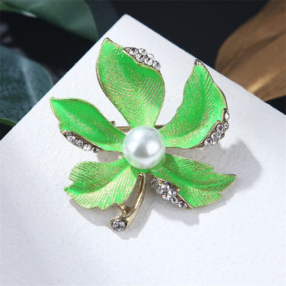 Pearl and Cubic Zirconia Enamel 18K Gold-Plated Maple Leaves Brooch, gold brooch pin, everyday style, lifestyle look