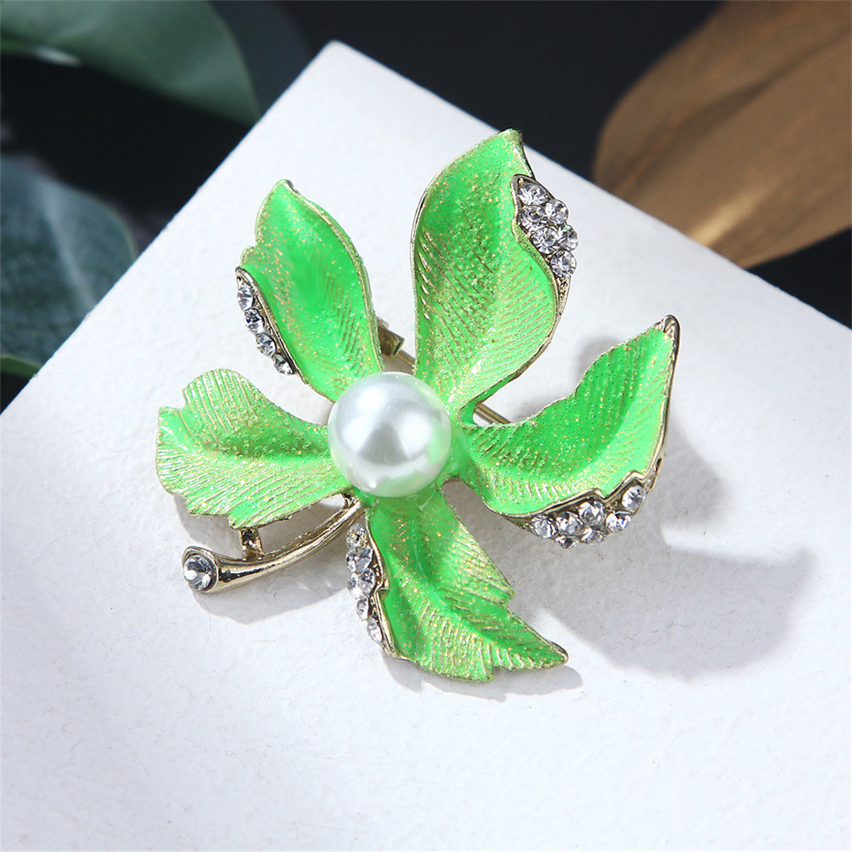 Pearl and Cubic Zirconia Enamel 18K Gold-Plated Maple Leaves Brooch, gold brooch pin, everyday style, side view