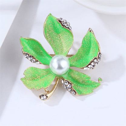Pearl and Cubic Zirconia Enamel 18K Gold-Plated Maple Leaves Brooch, gold brooch pin, everyday style, detail close-up