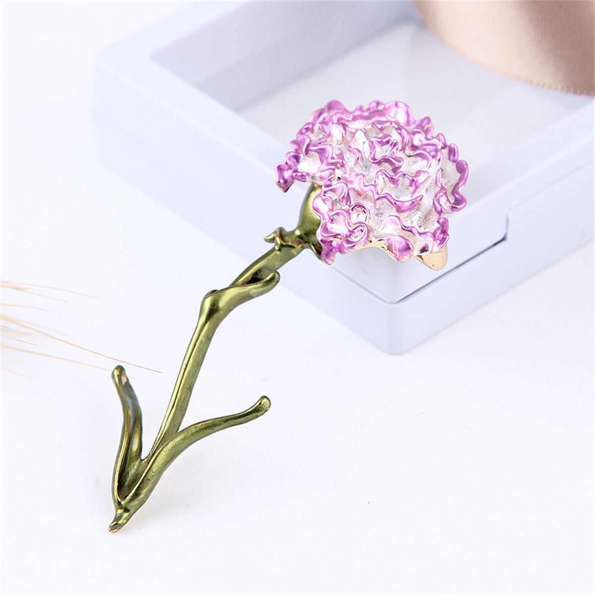 Pink Enamel and 18K Gold-Plated Carnation Brooch, gold brooch pin, vintage-inspired design, side view