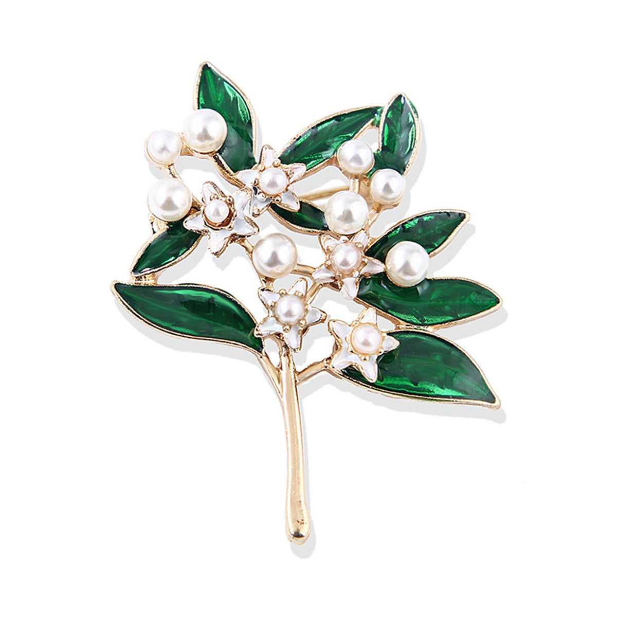 Pearl and Green Enamel 18K Gold-Plated Gardenia Brooch, gold brooch pin, elegant gift for her, front view