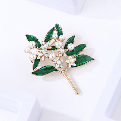 Pearl and Green Enamel 18K Gold-Plated Gardenia Brooch, gold brooch pin, elegant gift for her, side view