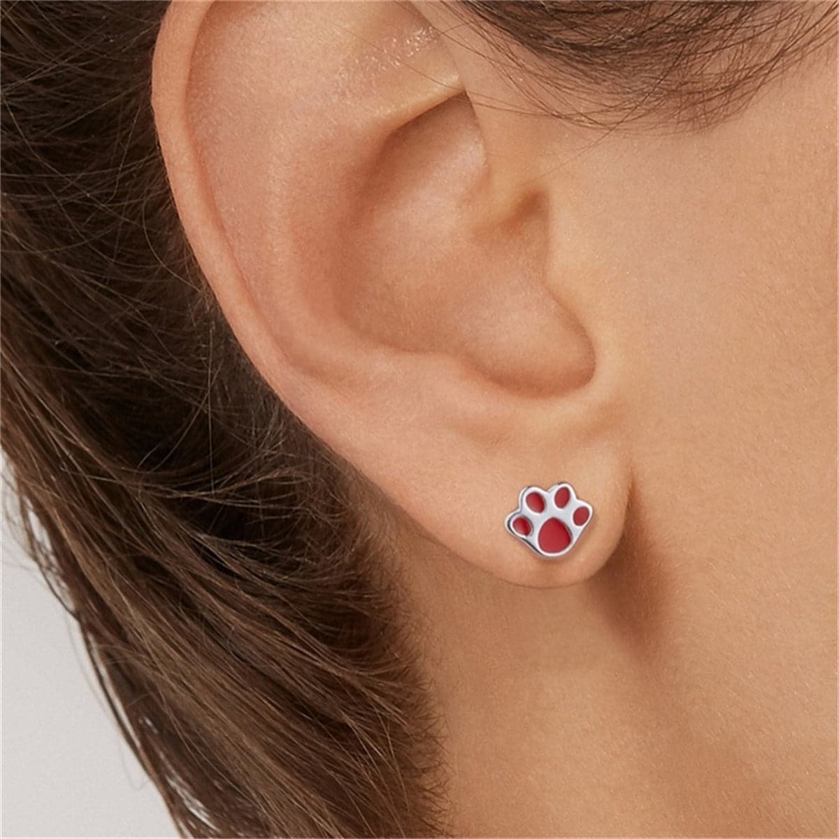 Red Enamel & Sterling Silver Kitty Paw Asymmetrical Stud Earrings