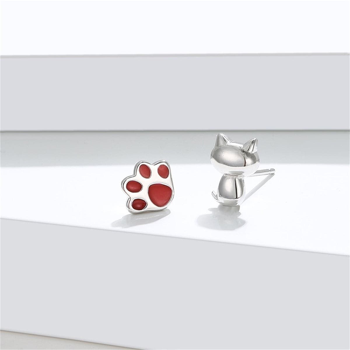 Red Enamel & Sterling Silver Kitty Paw Asymmetrical Stud Earrings