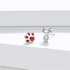 Red Enamel & Sterling Silver Kitty Paw Asymmetrical Stud Earrings