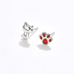 Red Enamel & Sterling Silver Kitty Paw Asymmetrical Stud Earrings
