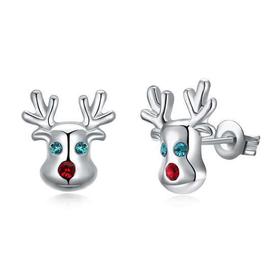 Cubic Zirconia and Silver-Plated Reindeer Stud Earrings, silver stud earrings for women, everyday style, front view