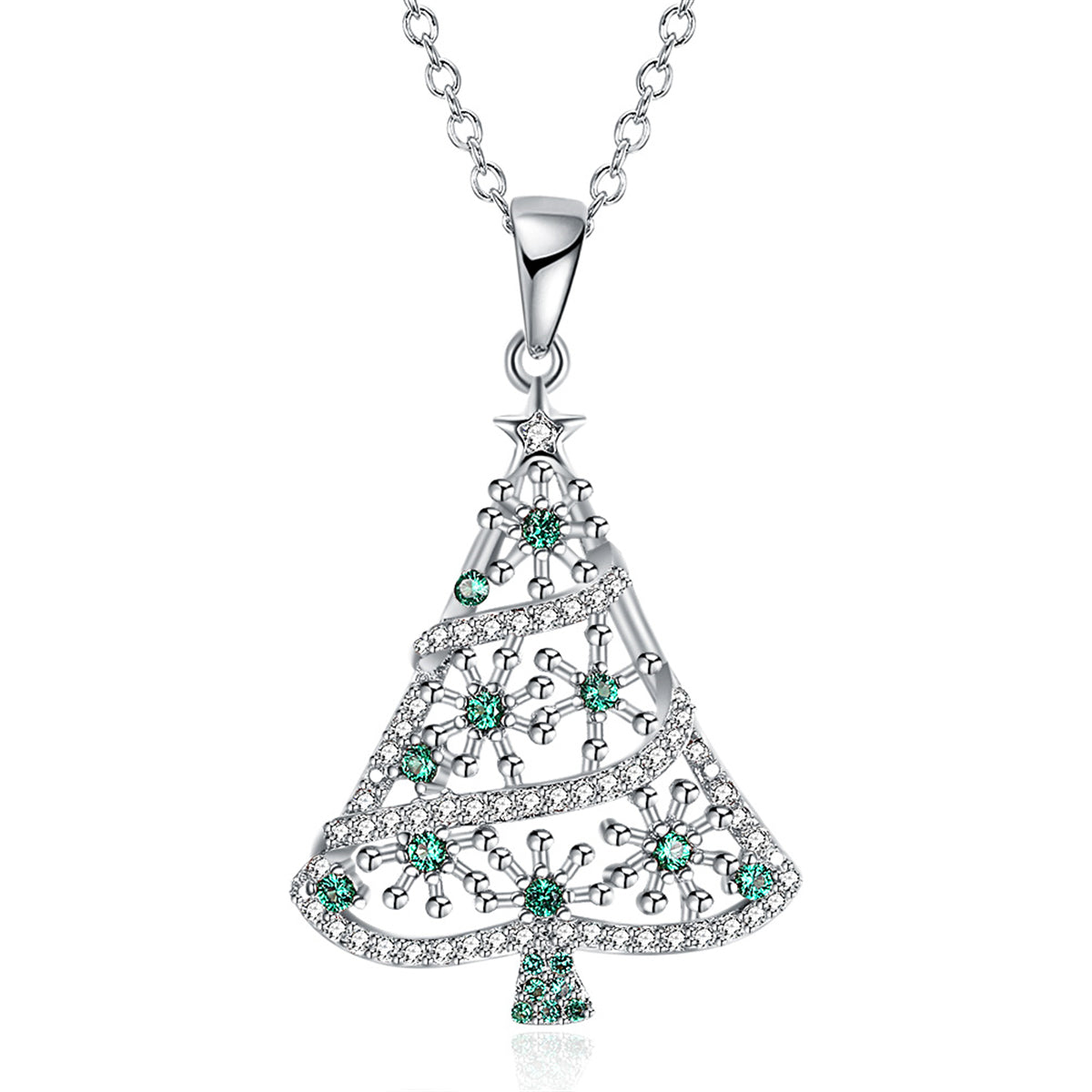 Cubic Zirconia and Silver-Plated Openwork Christmas Tree Pendant Necklace, silver pendant necklace for women, front view