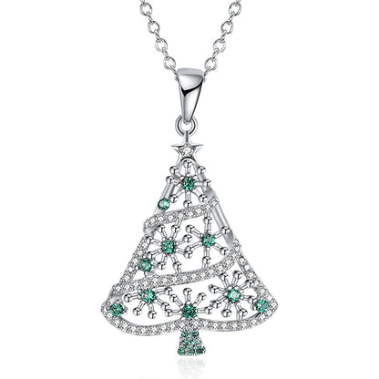 Cubic Zirconia and Silver-Plated Openwork Christmas Tree Pendant Necklace, silver pendant necklace for women, front view