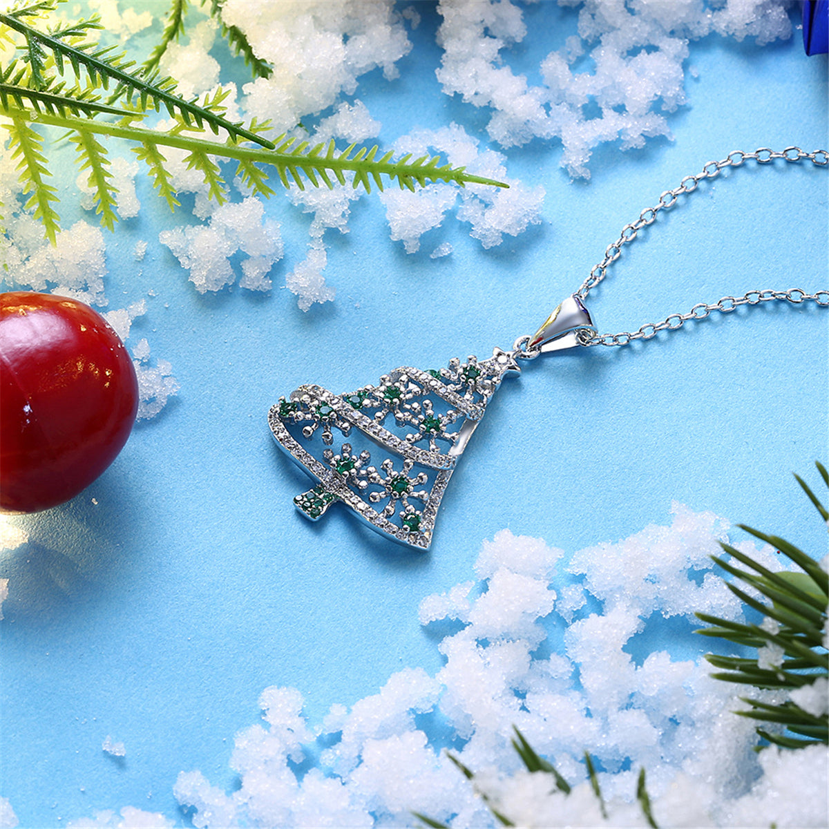 Cubic Zirconia and Silver-Plated Openwork Christmas Tree Pendant Necklace, silver pendant necklace for women, detail close-up