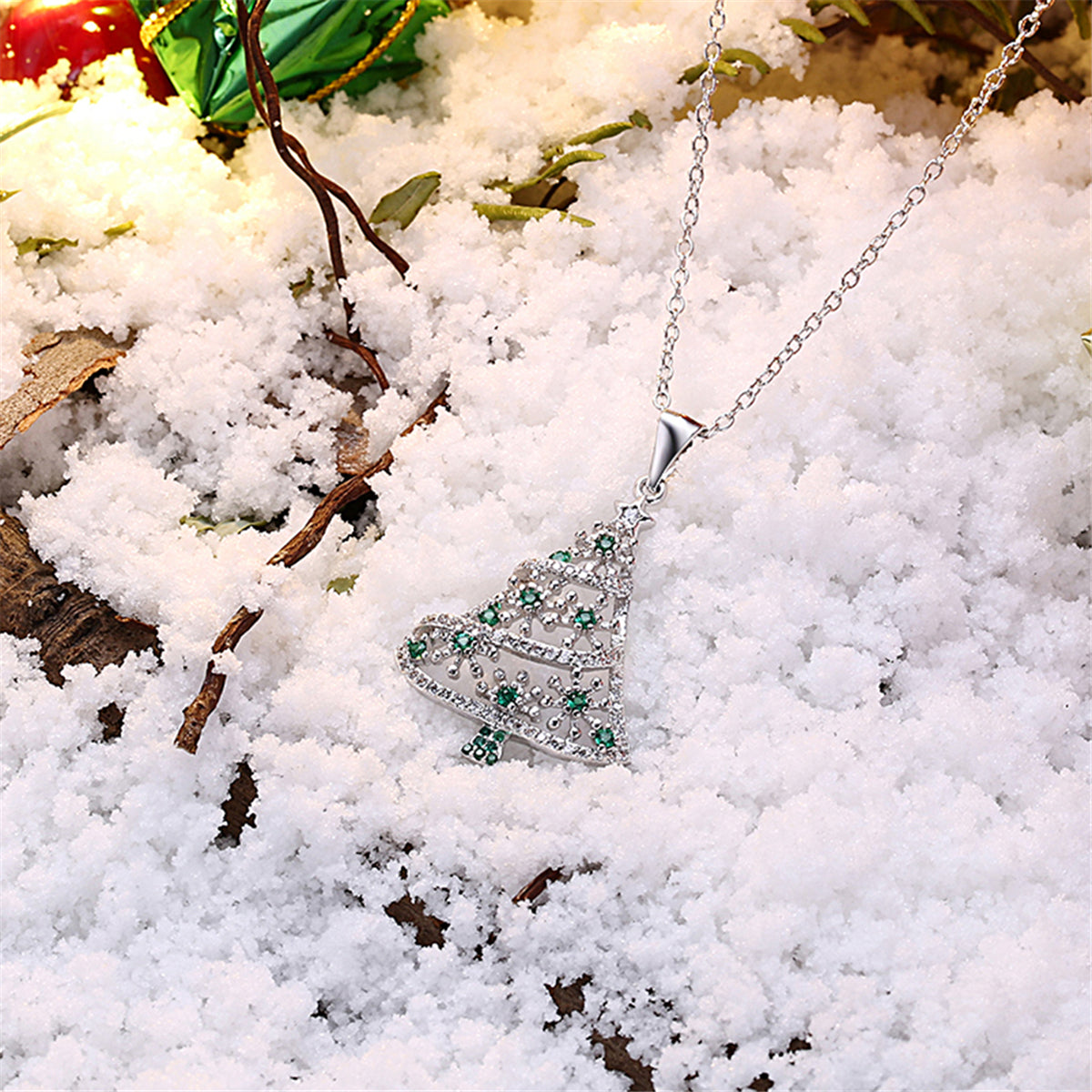Cubic Zirconia and Silver-Plated Openwork Christmas Tree Pendant Necklace, silver pendant necklace for women, lifestyle look