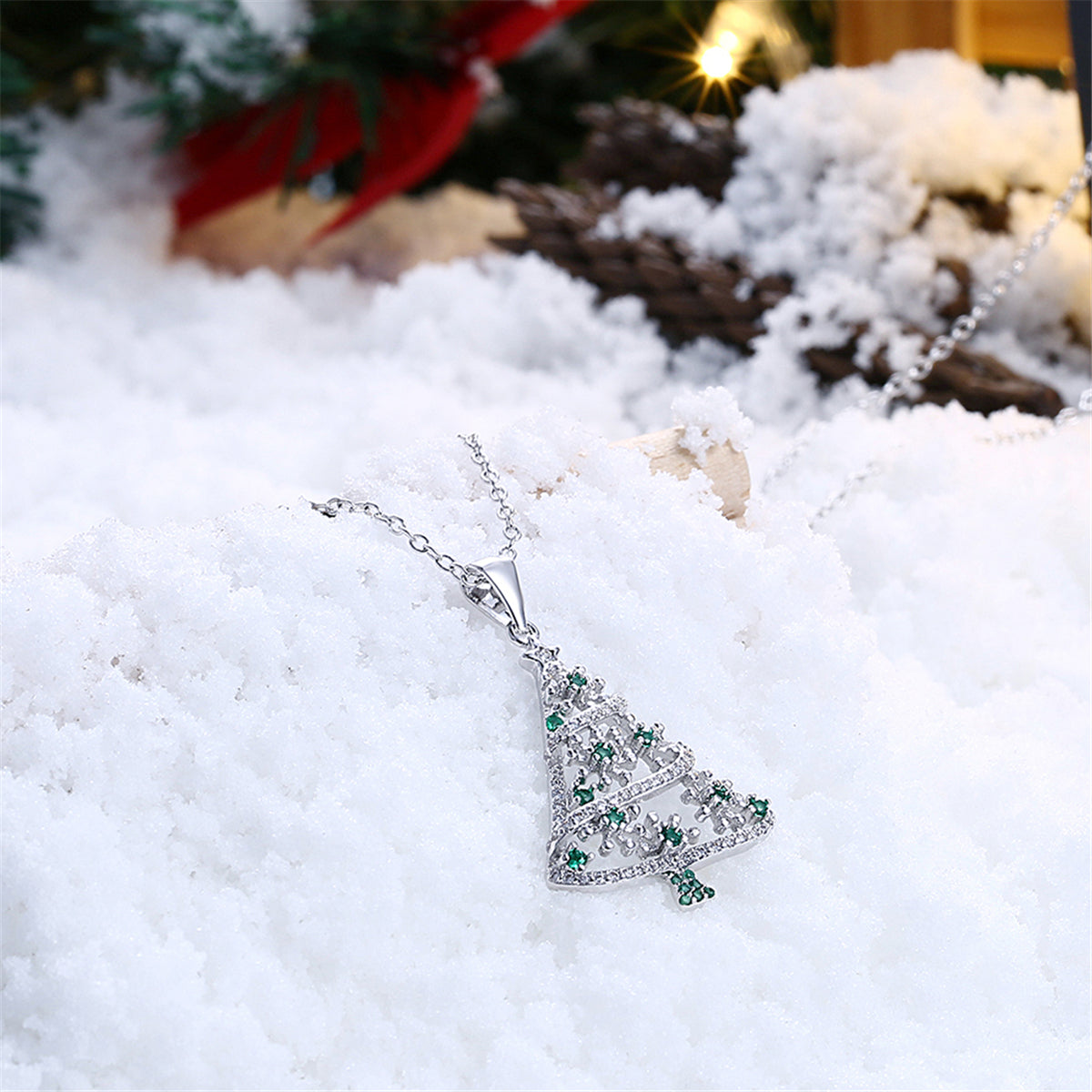 Cubic Zirconia and Silver-Plated Openwork Christmas Tree Pendant Necklace, silver pendant necklace for women, side view