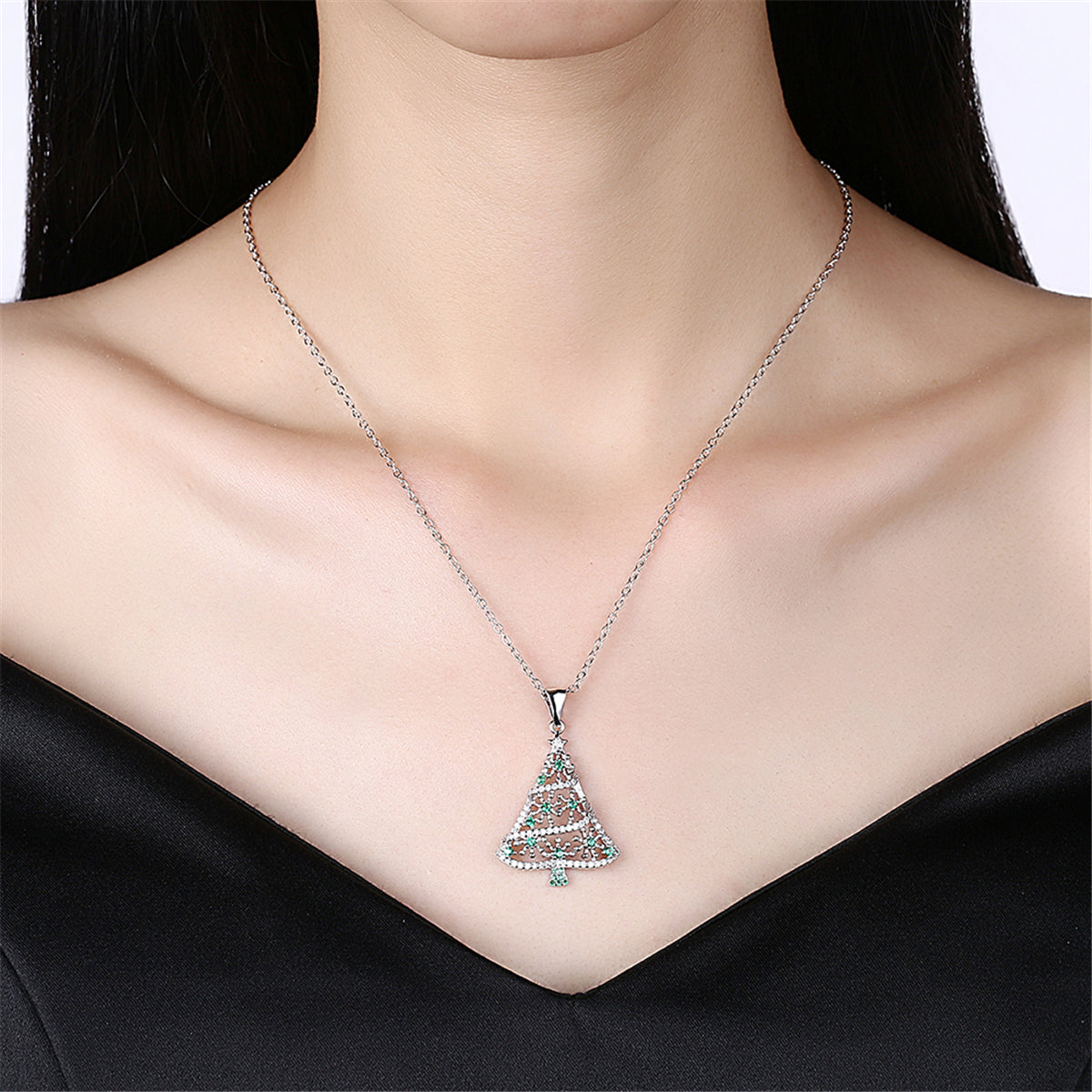 Cubic Zirconia and Silver-Plated Openwork Christmas Tree Pendant Necklace, silver pendant necklace for women, styled look