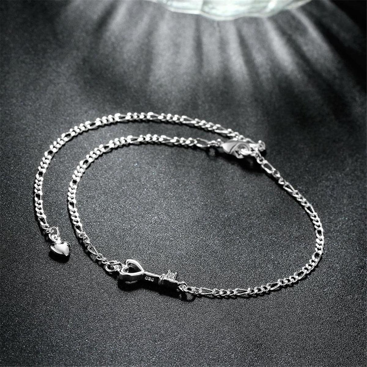 Crystal and Silver-Plated Heart Key Anklet, silver anklet bracelet, botanical inspired, side view