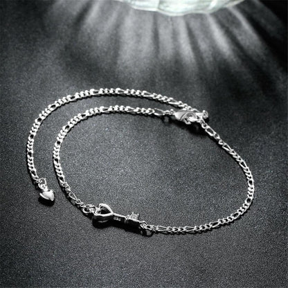 Crystal and Silver-Plated Heart Key Anklet, silver anklet bracelet, botanical inspired, side view