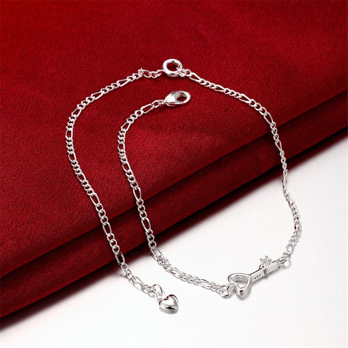 Crystal and Silver-Plated Heart Key Anklet, silver anklet bracelet, botanical inspired, detail close-up