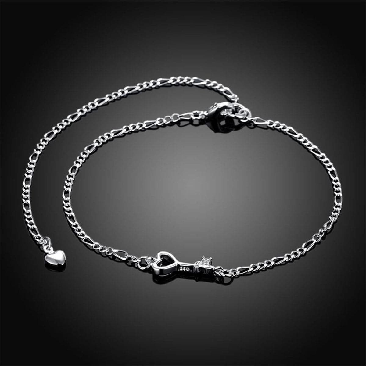 Crystal and Silver-Plated Heart Key Anklet, silver anklet bracelet, botanical inspired, lifestyle look