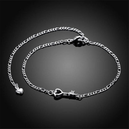 Crystal and Silver-Plated Heart Key Anklet, silver anklet bracelet, botanical inspired, lifestyle look