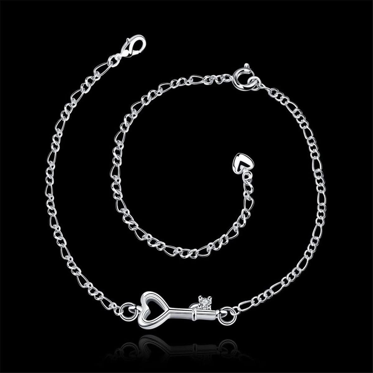 Crystal and Silver-Plated Heart Key Anklet, silver anklet bracelet, botanical inspired, styled look