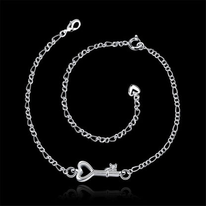 Crystal and Silver-Plated Heart Key Anklet, silver anklet bracelet, botanical inspired, styled look
